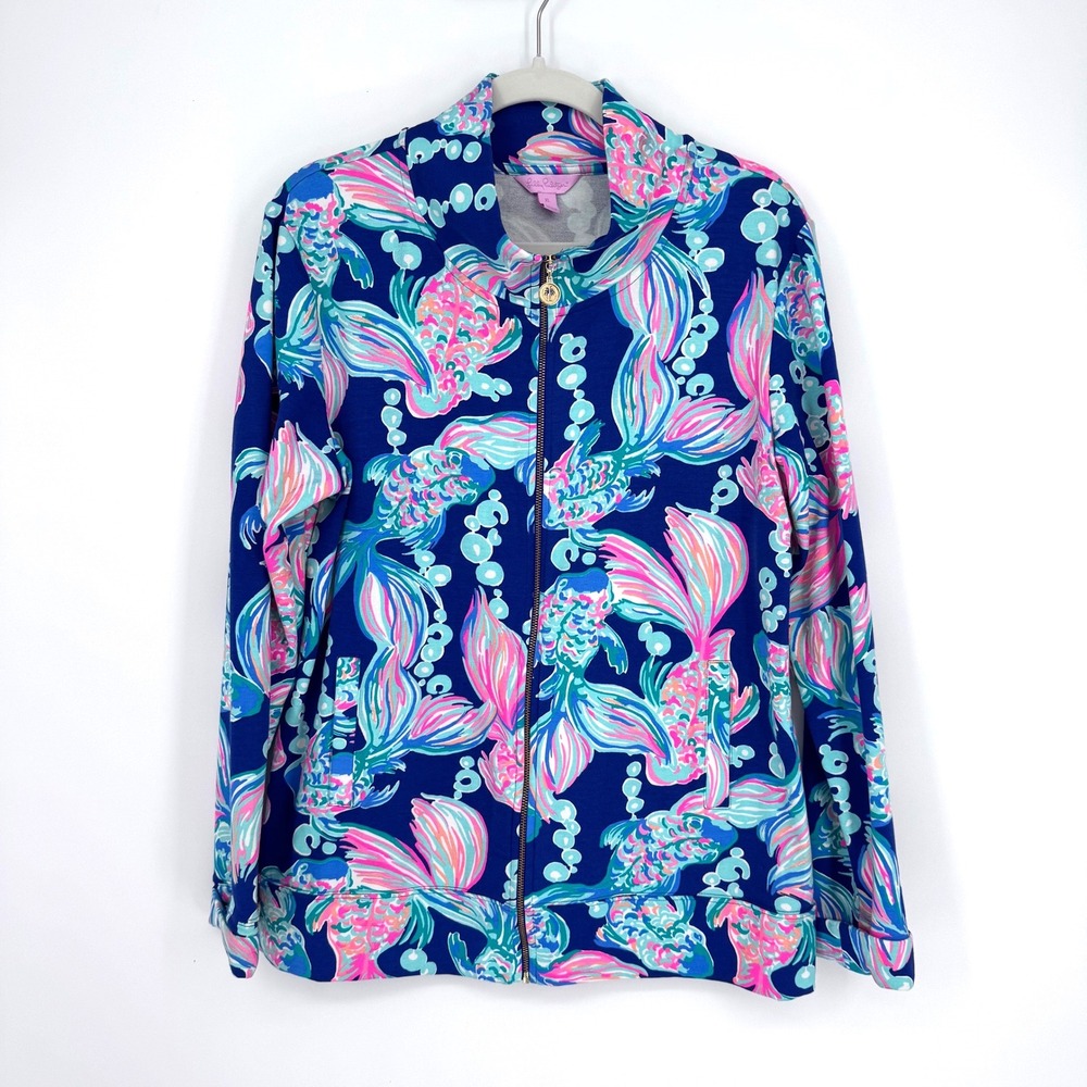 Lilly Pulitzer Full Zip Jacket XL Bright Colorful Koi Fish Print Vacation Summer - Picture 2 of 16